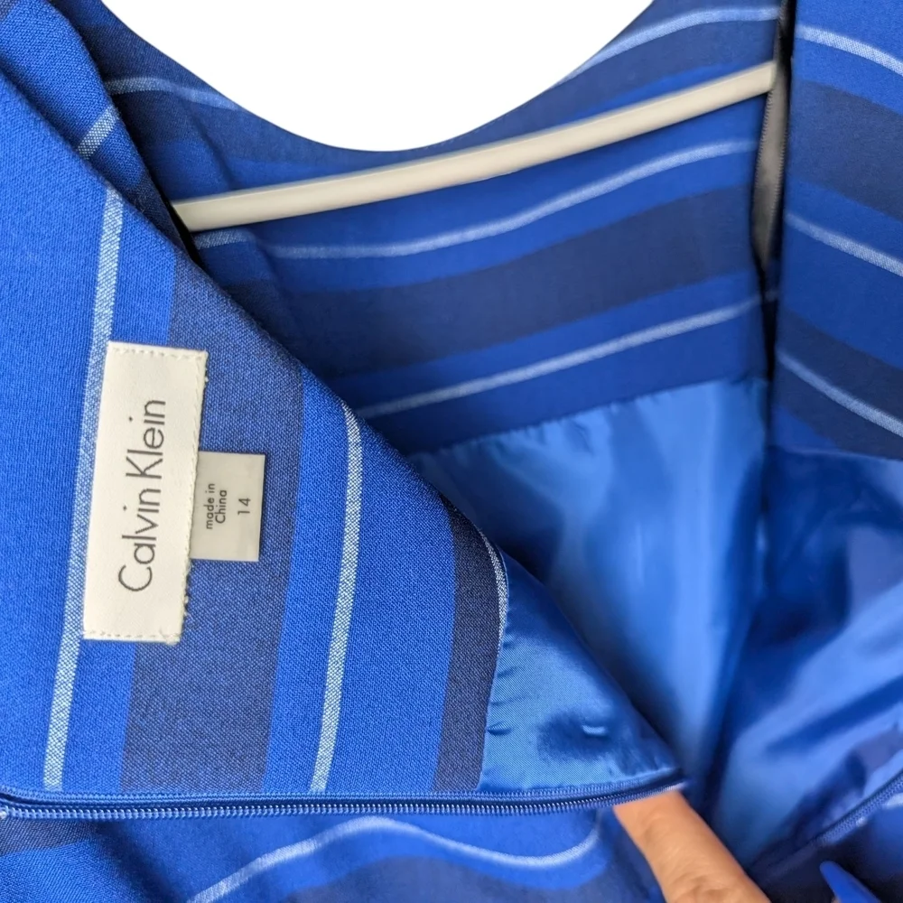 New Calvin Klein Blue White Striped Sleeveless Midi Dress Belt Business Class - Picture 7 of 11